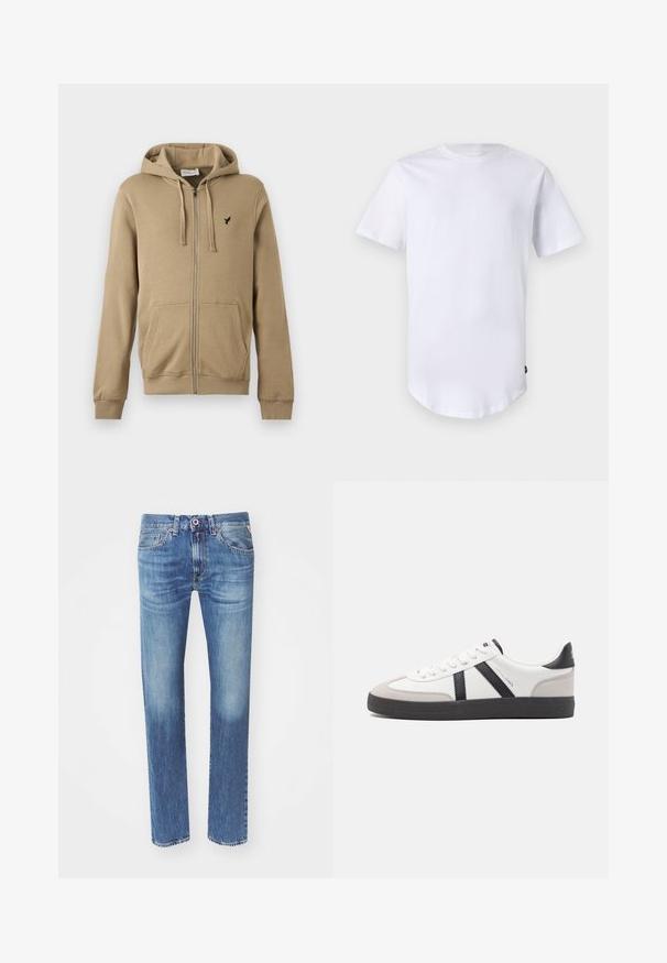 Beige-vetoketjullinen huppari, jossa etutaskut, kiristysnauhalla varustettu huppu, resorit hihansuissa ja pieni musta lintulogo vasemmassa rinnassa.; Valkoinen lyhythihainen t-paita, joka on valmistettu puuvillasta. Pyöreä pääntie ja kaareva helma. Tunnus näkyvissä ala vasemmalla puolella. Sujuva rakenne.; Sinivihreät farkut suoran leikkauksen kanssa, joissa on haalistumat reisissä, viisi taskua, sekä nappi- ja vetoketjusulku.; Valkoiset lenkkarit mustilla ja harmailla yksityiskohdilla, joissa on teksturoitu harmaa kärki, musta kumipohja ja litteät valkoiset nauhat. Siisti muotoilu, minimalistinen tyyli.