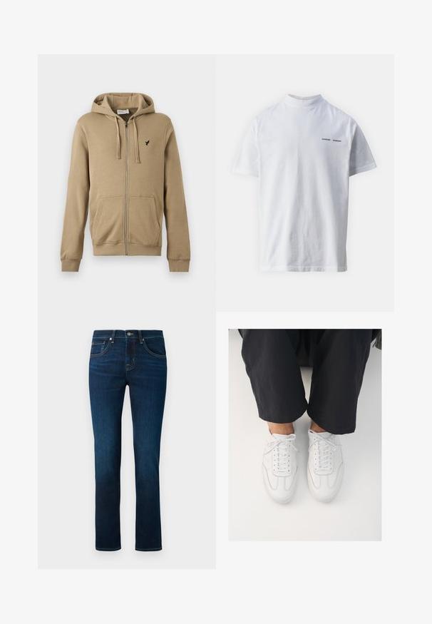 Beige Kapuzenpullover mit Reißverschluss, Vorderseiten-Taschen, Kordelzugkapuze, gerippten Bündchen und kleinem schwarzem Vogel-Logo auf der linken Brust.; Weißes Baumwoll-T-Shirt mit hohem Ausschnitt und kurzen Ärmeln. Mit schwarzem "SAMSØE SAMSØE" Logo auf der Vorderseite. Glatte Textur.; Dunkelblaue Jeans mit geradem Bein, klassischem Fünf-Taschen-Design und dezenten Stickdetails. Hergestellt aus Denim-Stoff.; Weiße Ledersneaker mit glatter Textur, runder Zehenform und klassischem Schnürsystem, platziert über dunklen, locker sitzenden Hosen.