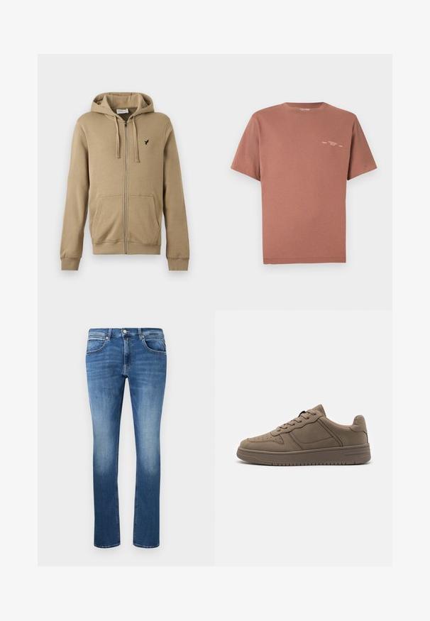 Beige hættejakke med lynlås, forlommer, snøre i hætten, ribstrikkede manchetter og lille sort fuglelogo på venstre bryst.; Brun bomuld T-shirt med rund halsudskæring, korte ærmer og et lille grafisk tryk på venstre bryst. Glat tekstur og afslappet pasform.; Blå denim jeans med lige snit, der har let falmning, fem lommer og en knap-og lynlås lukning. Syede detaljer langs sømmene.; Call it Spring FRESHH - Sneakers - other grey