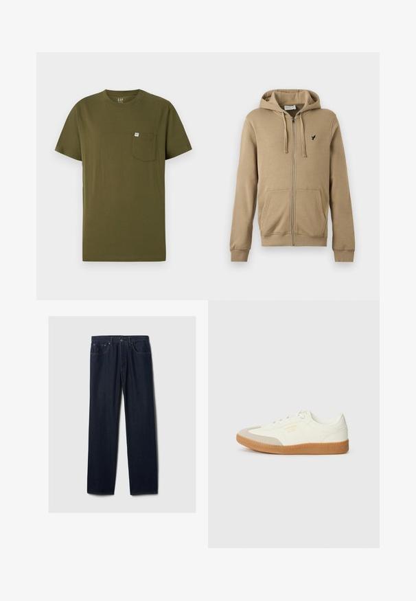 Beige hættejakke med lynlås, forlommer, snøre i hætten, ribstrikkede manchetter og lille sort fuglelogo på venstre bryst.; Olivengrøn bomulds t-shirt med rund hals, korte ærmer og en venstre brystlomme med et lille mærkelabel. Glat tekstur.; Mørkeblå lige ben denim jeans med fem lommer, knaplukning og synlig syning på en ensfarvet lys baggrund.; Sneaker lavet af hvid læder med en beige tåhætte og let brunt gummisål. Har flade hvide snørebånd og prægede branding på siden.
