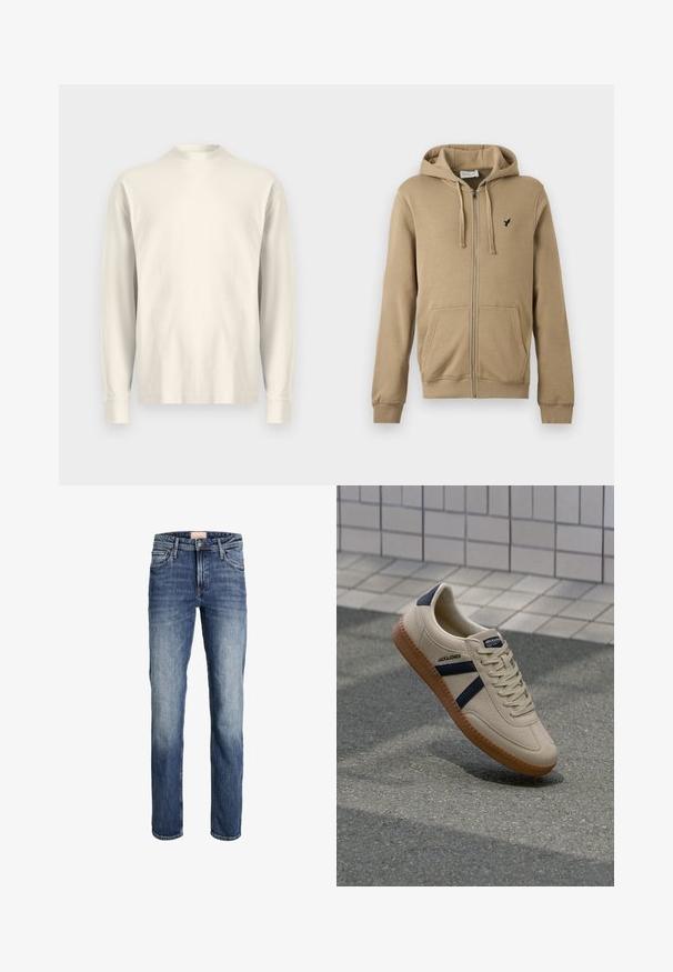 Beige-vetoketjullinen huppari, jossa etutaskut, kiristysnauhalla varustettu huppu, resorit hihansuissa ja pieni musta lintulogo vasemmassa rinnassa.; Pitkähihaiset, korkea kauluksellinen paita vaaleasta kermaisen värisestä puuvillasta. Sileä pinta, rento malli, minimalistinen muotoilu, ei näkyviä kuvioita tai yksityiskohtia.; Siniset suorat farkut, joissa on hieman haalistumat reidissä ja polvissa, etupainike ja vetoketjukiinnitys, sekä viisi taskua.; Beige lenkkarit tekstuuripinnalla, tummansinisin raidoilla ja kumipohjalla. Varustettu pehmustetulla kielellä ja perinteisellä nauhoitussysteemillä turvallisen istuvuuden takaamiseksi.