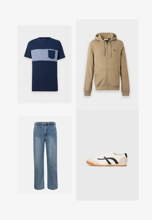 Hoodie beige à fermeture éclair avec poches avant, capuche à cordon, poignets côtelés et petit logo d'oiseau noir sur le côté gauche de la poitrine.; T-shirt homme bleu marine à manches courtes avec une bande horizontale rayée bleu clair et blanc sur la poitrine et une poche poitrine unie bleu marine.; Jean en denim bleu à jambes droites, avec bouton frontal, fermeture éclair et passants pour ceinture, sur un fond neutre.; Baskets blanches profil bas avec accents beige à l’orteil et au talon, bandes latérales noires courbées, lacets blancs et semelle en gomme, vues de côté gauche.