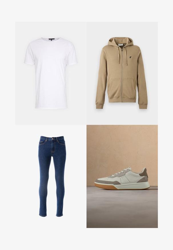 Sudadera beige con cremallera, bolsillos delanteros, capucha con cordones, puños acanalados y un pequeño logo de pájaro negro en el pecho izquierdo.; Camiseta de algodón blanca con cuello redondo, mangas cortas y corte recto. Presenta una textura simple y suave sin patrones adicionales.; Vaqueros ajustados de mezclilla azul oscuro con costuras naranjas. Presenta cinco bolsillos, cierre de botón y un ajuste ceñido a lo largo de las piernas.; Zapatilla blanca y beige con cordones blancos y suela de goma, flotando sobre una alfombra beige frente a un sofá beige a juego.