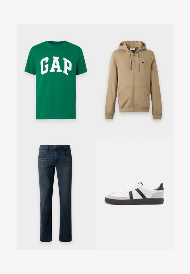 Hoodie beige à fermeture éclair avec poches avant, capuche à cordon, poignets côtelés et petit logo d'oiseau noir sur le côté gauche de la poitrine.; T-shirt en coton vert avec un col rond ; présente de grandes lettres blanches en bloc formant le mot « GAP » sur le devant.; Jean en denim bleu foncé avec une coupe droite, doté d'une taille cousue, de cinq poches et d'une fermeture à un bouton en métal.; Baskets blanches avec des accents noirs et gris, présentant un embout texturé gris, une semelle en caoutchouc noir et des lacets plats blancs. Design épuré, style minimaliste.