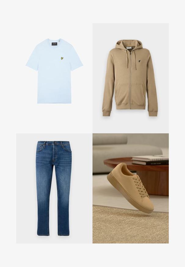 Beige hættejakke med lynlås, forlommer, snøre i hætten, ribstrikkede manchetter og lille sort fuglelogo på venstre bryst.; Lyseblå bomulds t-shirt med rund halsudskæring, med en lille gul fuglelogo broderet på venstre bryst. Korte ærmer, ensfarvet.; Blå straight-leg jeans med fem lommer, knaplukning og subtil falme på lår og knæ, præsenteret mod en hvid baggrund.; Beige snørestøvler, der svæver over et tekstureret tæppe med et træ sofabord og stablede bøger i en sløret baggrund.