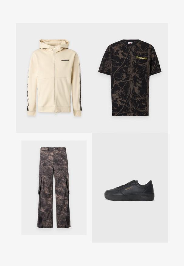 Béžová mikina s kapucňou na celoprepínací zips s dlhými rukávmi so čiernymi pruhmi s logom pozdĺž rukávy a malým logom EA7 Emporio Armani na hrudi.; Čierne tričko s krátkym rukávom s hnedým maskáčovým vzorom listov a vetvičiek, s žltým nápisom "Icecream" na ľavej strane hrudníka.; Tmavosivé cargo nohavice s abstraktným maskovacím vzorom, predným gombíkom a zipsom, bočnými vreckami s klopou a čiernymi vertikálnymi pruhmi pri lemoch.; Replay EPIC HIGH - Tenisky - black