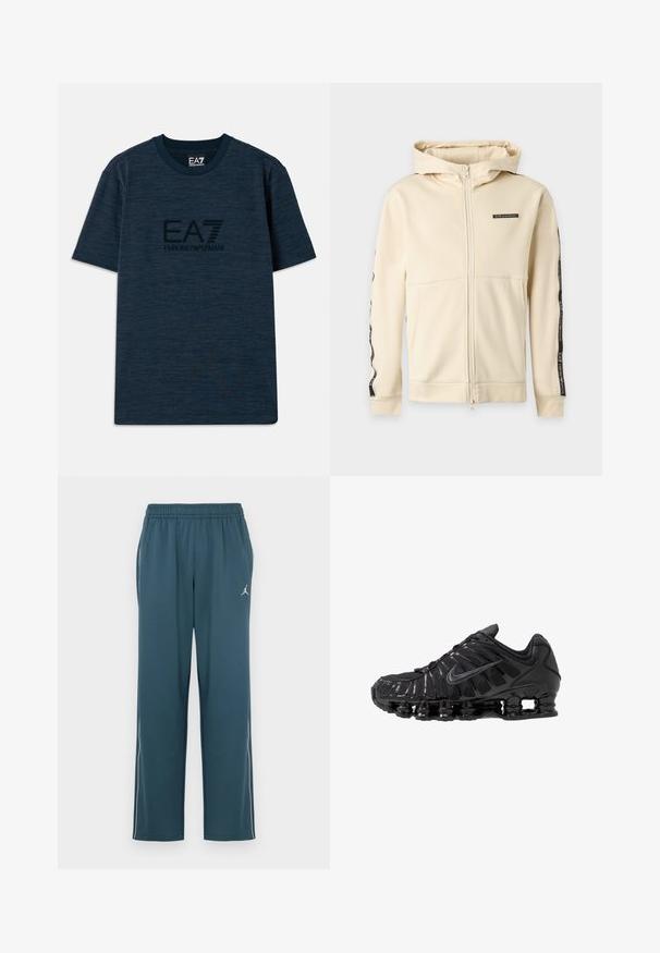 Béžová mikina s kapucňou na celoprepínací zips s dlhými rukávmi so čiernymi pruhmi s logom pozdĺž rukávy a malým logom EA7 Emporio Armani na hrudi.; Námornícky modré bavlnené tričko s krátkymi rukávmi, so štruktúrovaným povrchom a s centrálnym logom EA7 Emporio Armani v čiernej farbe.; Tmavé zelenomodré športové nohavice s elastickým pásom, dvoma bočnými vreckami, bielymi bočnými pruhmi a malým logom na ľavom stehne.; Čierne športové topánky vyrobené zo sieťoviny a syntetických materiálov, s výrazným vlnitým dizajnom, čiernou gumovou podrážkou a reflexnými prvkami.