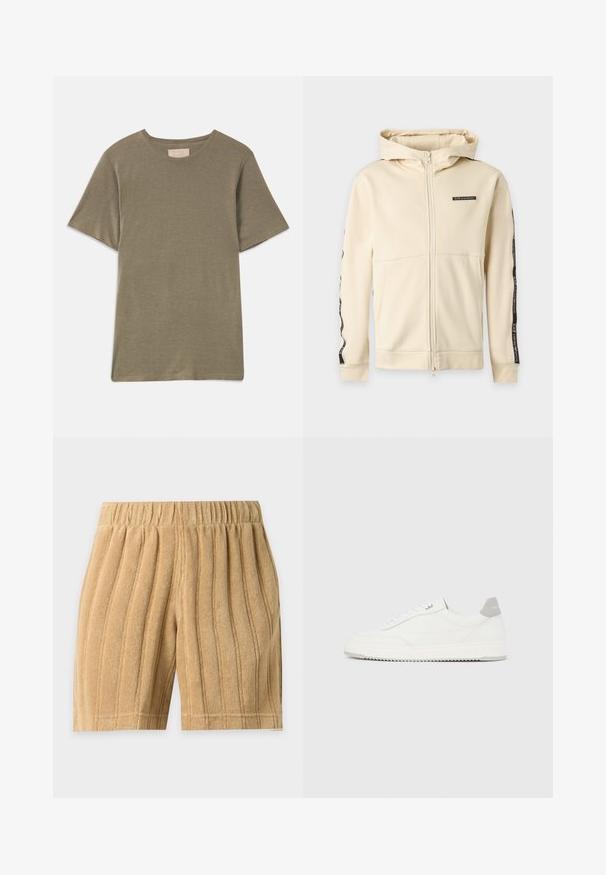 Beige full-zip hoodie met lange mouwen met zwarte logostrepen langs de armen en een klein EA7 Emporio Armani-logo op de borst.; Olivengroene T-shirt met korte mouwen en een ronde halslijn, gemaakt van zachte stof. Heeft een rechte zoom en geen zichtbare patronen of accenten.; Beige badstofshorts met verticale doorgestikte strepen en een elastische tailleband, weergegeven op een eenvoudige lichte achtergrond.; Witte lage sneaker met grijze hielpatch, witte veters en een gestructureerde zool, gepresenteerd op een effen lichte achtergrond.