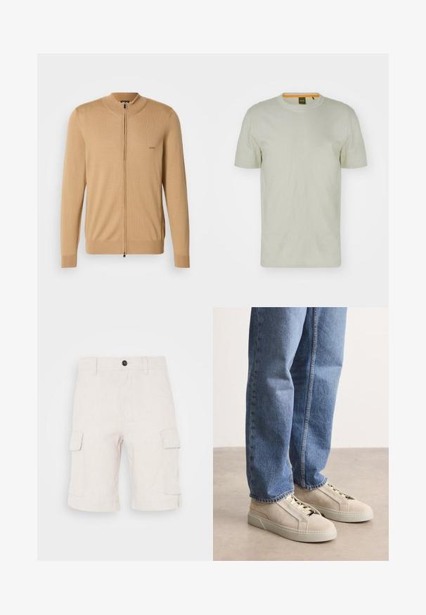Kamelfarvet herre fuld-zip sweater med ribbede manchetter og søm, med et lille "BOSS" logo på venstre bryst.; Lys grøn kortærmet T-shirt lavet af blødt stof, med rund hals og et diskret logo på fronten. Enkel design med minimal detaljer.; Beige cargo shorts lavet af letvægtsstof, med to sidelommer og en foldet nederkant. Knaplukning i taljen.; BOSS GARYTENN_SDHDEL - Sneakers - natural ten