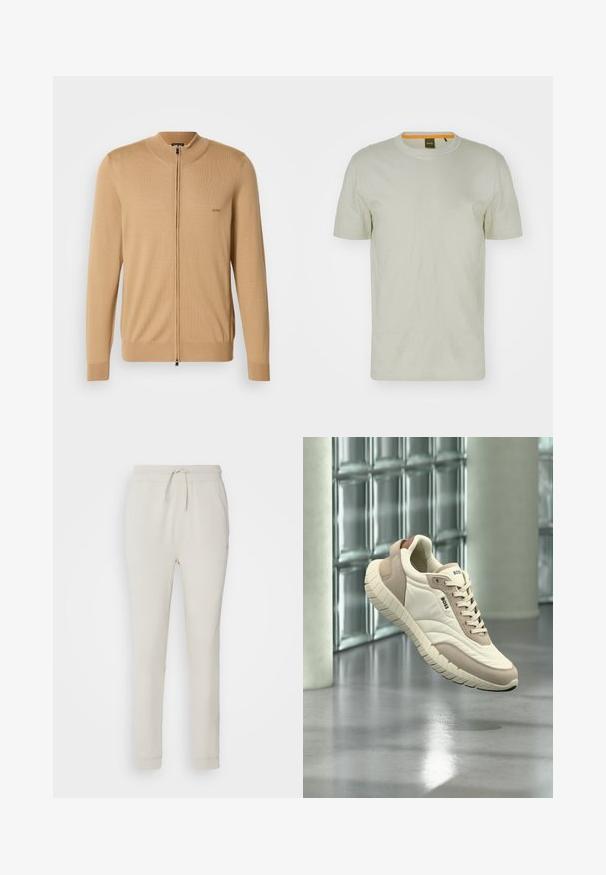Kamelfarvet herre fuld-zip sweater med ribbede manchetter og søm, med et lille "BOSS" logo på venstre bryst.; Lys grøn kortærmet T-shirt lavet af blødt stof, med rund hals og et diskret logo på fronten. Enkel design med minimal detaljer.; Lys beige sweatpants lavet af blødt, tekstureret stof. Har en snørre i taljen, ribbede manchetter og sidelommer. Skræddersyet pasform.; Beige og cremefarvet BOSS sneaker med tekstureret sål, snørefront og brandet logo, svævende over en reflekterende grå gulv nær en glasblokvæg.