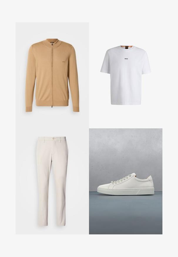 Kamelfarvet herre fuld-zip sweater med ribbede manchetter og søm, med et lille "BOSS" logo på venstre bryst.; Hvid bomuld T-shirt med korte ærmer, med et sort "BOSS" logo centreret på brystet og en rund halsudskæring.; Beige bukser med slim fit, der har en frontknaplukning, flad frontdesign og lige ben, lavet af glat bomuldsblandingsstof.; Hvid lædersneaker med rund tå, minimalistisk design, grå snørebånd og en tekstureret grå gummisål. Subtile syningsdetaljer er synlige.