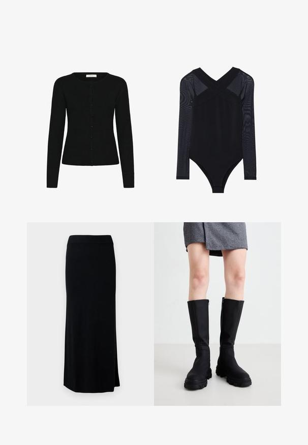 Cardigan noir à côtes avec un col rond, des manches longues et une fermeture à boutons sur le devant. Le tissu a une texture lisse et une coupe ajustée.; Bodysuit noir avec des manches longues en maille, un décolleté en V profond et une coupe ajustée, mettant en avant un tissu lisse et une construction discrète.; Jupe noire, longue, en maille avec une fente sur le côté. Équipée d'une taille extensible et d'une texture lisse. Design simple et ajusté. Aucune motif ou accent visible.; Bottes noires à hauteur de genou avec une finition lisse, des semelles épaisses et une fermeture éclaire latérale discrète. Assorties de manière stylée avec une jupe grise en chevrons.