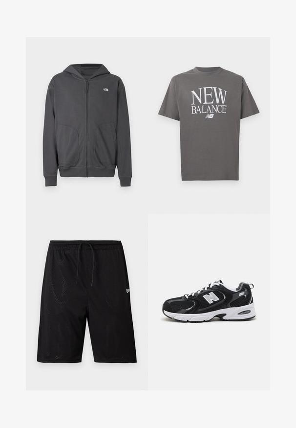 Grijze hoodie met rits gemaakt van zachte stof, voorzien van een kangoeroezak, geribbelde manchetten en een klein logo op de linkerborst.; Grijze T-shirt met korte mouwen en ronde hals, met grote witte tekst "NEW BALANCE" en het "NB" logo gecentreerd op de voorkant.; Zwarte mesh sportshorts met een trekkoord in de taille, voorzien van een geperforeerde textuur en een klein wit logo aan de onderzijde rechts.; Zwarte en grijze sport schoenen met een bovenwerk van mesh en suede, voorzien van een witte tussenzool, veters en een gedurfde "N"-logo aan de zijkant.