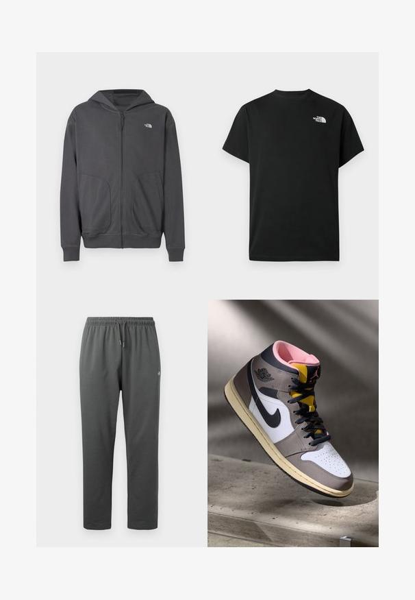 Sudadera con capucha gris con cremallera, hecha de tela suave, que cuenta con un bolsillo tipo canguro, puños de canalé y un pequeño logo en el pecho izquierdo.; Camiseta negra de manga corta hecha de algodón. Presenta un logo blanco en el pecho izquierdo. Corte sencillo con cuello redondo y detalles de diseño mínimos.; Pantalones deportivos de forro polar de color gris oscuro con cintura elástica y cordón, con un pequeño logo en el muslo derecho.; Zapatilla alta Nike Air Jordan en blanco, gris y negro, con interior rosa y lengüeta amarilla, colocada sobre una superficie de concreto.
