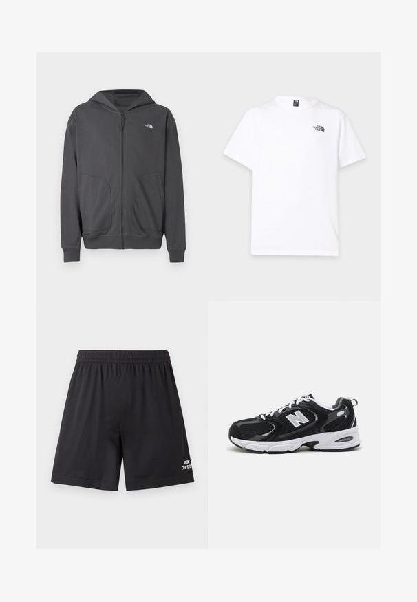Sweat à capuche gris zippé en tissu doux, avec une poche kangourou, des poignets côtelés et un petit logo sur le côté gauche de la poitrine.; T-shirt blanc à manches courtes avec col rond et petit logo noir The North Face sur la partie supérieure gauche de la poitrine.; Shorts de sport en mesh noir avec taille élastique et logo blanc de la marque "baree" près de l'ourlet bas sur la jambe droite.; Baskets de sport noires et grises avec un tige en mesh et en suède, présentant une semelle intermédiaire blanche, des lacets et un logo "N" audacieux sur le côté.