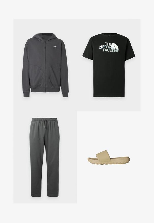 Grauer Kapuzenpullover mit Reißverschluss aus weichem Stoff, mit Kängurutasche, gerippten Bündchen und einem kleinen Logo auf der linken Brust.; Schwarzes T-Shirt aus Baumwolle mit einem aufgedruckten Logo in Weiß und Grau, kurzen Ärmeln und Rundhalsausschnitt.; Dunkelgraue Fleece-Sweathosen mit elastischem Bund und Kordelzug, mit kleinem Logo am rechten Oberschenkel.; Beige Rutschsandale mit breitem Riemen, aus Gummi material, verfügt über ein strukturiertes Fußbett und eine profilierte Sohle für besseren Halt.