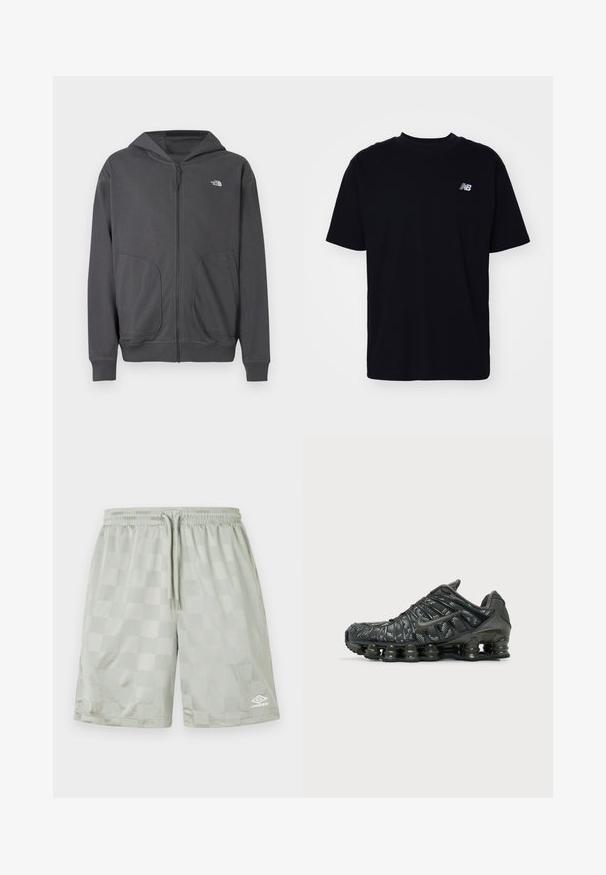 Sweat à capuche gris zippé en tissu doux, avec une poche kangourou, des poignets côtelés et un petit logo sur le côté gauche de la poitrine.; T-shirt en coton noir avec un col rond, des manches courtes et un petit logo en relief sur la poitrine gauche. Coupe classique et texture lisse.; Umbro FOOTBALL SHORT - Pantalon de survêtement - harbor mist; Chaussure de course noire Nike avec amorti segmenté de la semelle et motif blanc tacheté sur le tissu supérieur, vue de côté extérieur.