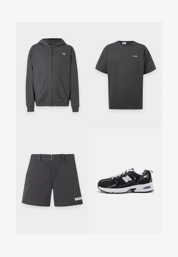 Sweat à capuche gris zippé en tissu doux, avec une poche kangourou, des poignets côtelés et un petit logo sur le côté gauche de la poitrine.; T-shirt à manches courtes gris foncé avec col rond et petit logo blanc de Columbia Sportswear sur la poitrine gauche, sur un fond uni.; Shorts décontractés gris foncé à devant plat avec passants pour ceinture, fermeture à bouton sur le devant, poches obliques, et patch logo Columbia sur l'ourlet de la jambe gauche.; Baskets de sport noires et grises avec un tige en mesh et en suède, présentant une semelle intermédiaire blanche, des lacets et un logo "N" audacieux sur le côté.