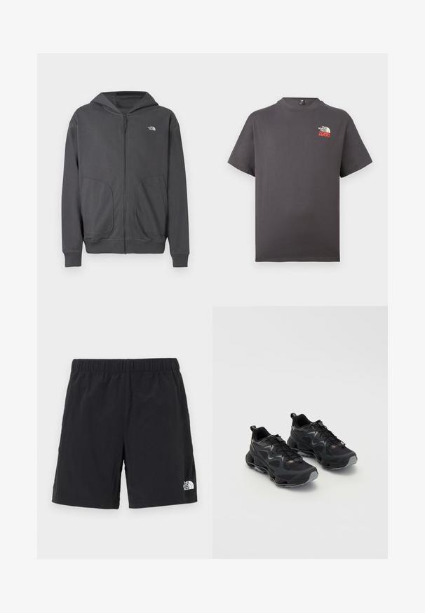Sweat à capuche gris zippé en tissu doux, avec une poche kangourou, des poignets côtelés et un petit logo sur le côté gauche de la poitrine.; T-shirt gris foncé à manches courtes avec col rond, arborant un petit logo « The North Face 1966 » en blanc et rouge sur le côté gauche de la poitrine.; Shorts noirs en tissu léger, dotés d'une taille élastique et d'un petit logo blanc sur le côté inférieur droit.; Chaussures de sport noires avec une tige en maille texturée, dotées d'une semelle épaisse, d'un système de laçage et de subtils accents gris.