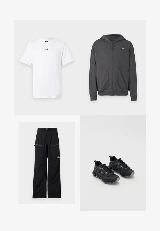 Gray zip-up hoodie made of soft fabric, featuring a kangaroo pocket, ribbed cuffs, and a small logo on the left chest.; White short-sleeve crewneck t-shirt with small black The North Face logo centered near the collar on the front.; Black outdoor pants with adjustable belt, two zippered thigh pockets, and The North Face logo on the right leg.; Black athletic shoes with a textured mesh upper, featuring a chunky sole, lace-up closure, and subtle gray accents.