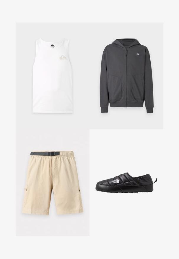 Grå hættetrøje med lynlås lavet af blødt stof, med en kengurulomme, ribstrikkede manchetter og en lille logo på venstre bryst.; Hvid ærmeløs tank top med et lille gråt og beige Quiksilver-logo på venstre bryst og label inde i nakken.; Beige cargo-shorts til knæene med elastik i taljen, sort justerbart spænde og lynlåslommer i siden på en lys baggrund.; Sort slip-on sko med et quiltet design, lavet af polstret materiale. Har en struktureret gummisål og et lille trækstrop bagpå.