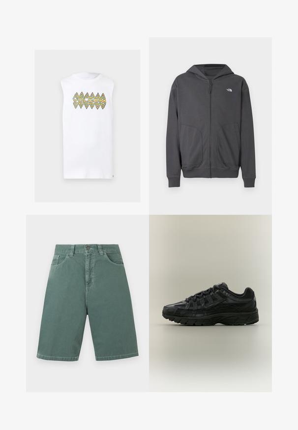 Sweat à capuche gris zippé en tissu doux, avec une poche kangourou, des poignets côtelés et un petit logo sur le côté gauche de la poitrine.; T-shirt blanc sans manches avec des motifs triangulaires orange et turquoise et le texte "VOLCOM" sur la poitrine.; Shorts en denim verts, taille haute, longueur au genou, avec bouton devant, fermeture éclair, passants pour ceinture, et deux poches avant visibles sur fond uni.; Chaussure de course Nike noire avec tige en mesh et synthétique, fermeture à lacets et semelle texturée, vue de côté gauche sur fond uni.