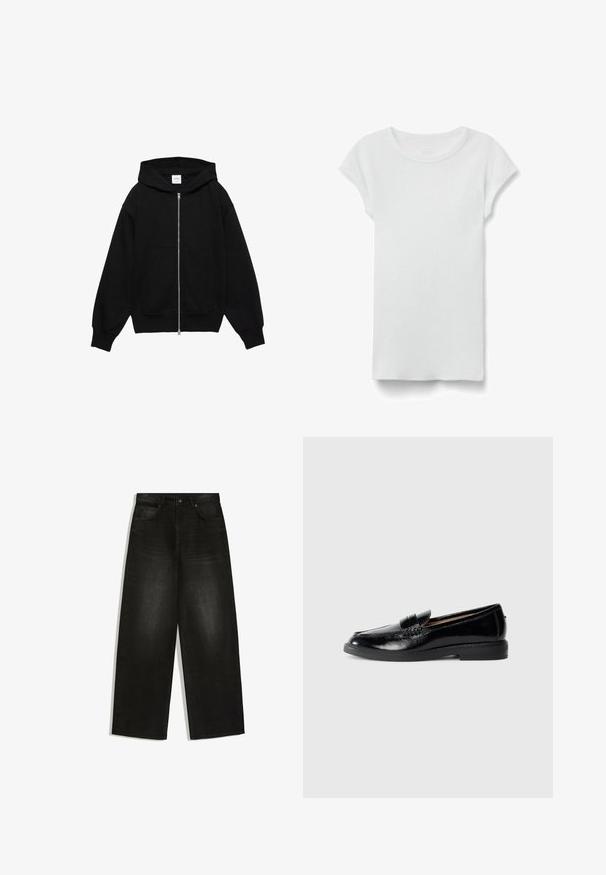 Sweat à capuche noir zippé avec une poche avant, une capuche et des manches larges, fabriqué en tissu doux avec une texture lisse et sans motifs visibles.; T-shirt blanc à manches courtes, côtelé, col rond, posé à plat sur fond blanc, montrant le devant et un style simple et décontracté.; Jean en denim noir à jambes larges, fermeture devant par bouton et zip, passants de ceinture et deux poches avant sur fond blanc.; Mocassin en cuir noir verni avec bout arrondi, talon bas, sangle décorative et semelle lisse sur un fond gris clair uni.