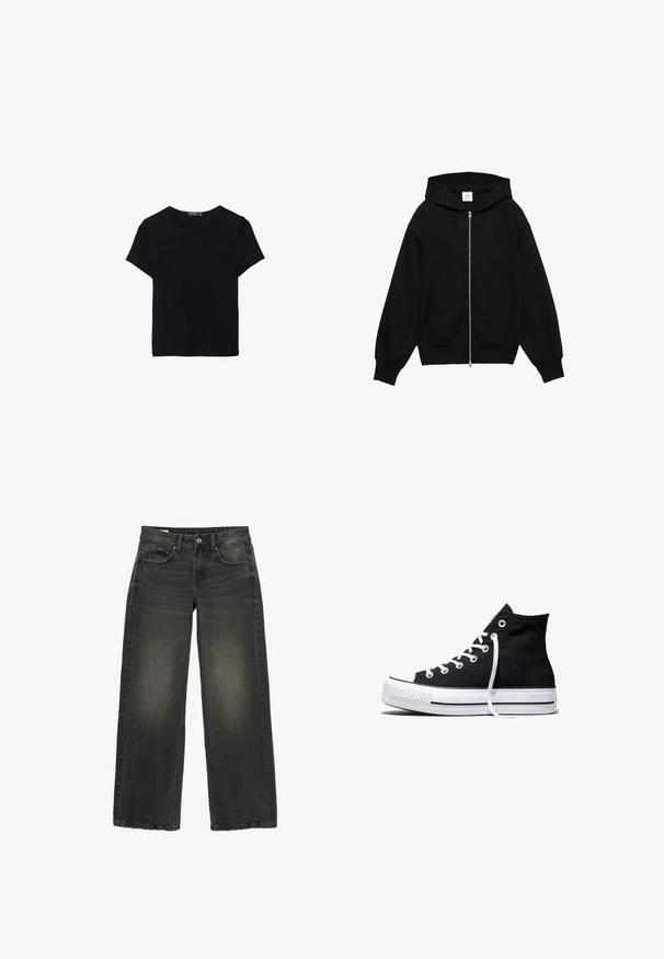 Sweat à capuche noir zippé avec une poche avant, une capuche et des manches larges, fabriqué en tissu doux avec une texture lisse et sans motifs visibles.; T-shirt en coton noir à manches courtes, col rond et design simple. Texture douce sans motifs ni accents visibles.; Jean noir à jambes larges avec détails délavés, bouton frontal, fermeture éclair et cinq poches, posé à plat sur fond blanc.; Baskets montantes en toile noire avec semelle en caoutchouc blanche et lacets blancs, vues de côté sur un fond blanc.
