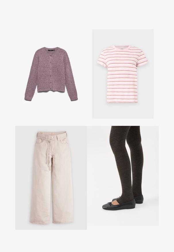 Cardigan en maille douce violet avec manches longues, col rond et cinq boutons devant, posé à plat sur un fond blanc.; T-shirt à manches courtes rose et blanche avec de fines rayures horizontales marron, encolure ronde et coupe décontractée.; Pantalons large couleur beige clair en denim, avec fermeture à bouton, passants de ceinture et poches avant. Texture lisse avec une coupe décontractée.; Jambes portant des leggings côtelés foncés associés à des ballerines noires avec de petits détails en nœud sur fond blanc.
