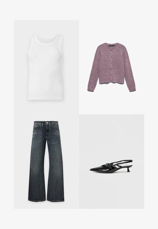 Cardigan en maille douce violet avec manches longues, col rond et cinq boutons devant, posé à plat sur un fond blanc.; Débardeur sans manches en coton blanc côtelé avec encolure ronde, présenté à plat sur un fond gris clair.; Jean large à jambe évasée, lavage foncé, avec léger délavé sur les cuisses, design classique à cinq poches et coutures apparentes, posé à plat sur fond blanc.; Chaussure slingback en cuir verni noir avec bout pointu, petit talon carré et bride ajustable ornée de détails découpés et d'accents logo.