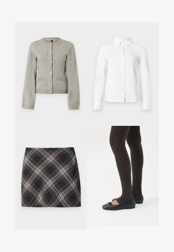 Cardigan en maille gris clair avec un col rond, des manches longues et des boutons dorés sur le devant. Il dispose de deux poches avant.; Chemise blanche à manches longues avec boutons, col pointu, ourlet droit et silhouette ajustée, présentée sur un fond clair uni.; Jupe mini à carreaux noir et beige avec un motif à checks diagonal, taille ajustée et texture de tissu lisse.; Jambes portant des leggings côtelés foncés associés à des ballerines noires avec de petits détails en nœud sur fond blanc.