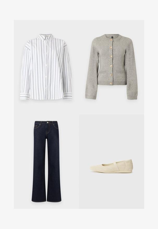 Cardigan en maille gris clair avec un col rond, des manches longues et des boutons dorés sur le devant. Il dispose de deux poches avant.; Chemise en coton blanc à boutons avec des rayures verticales bleu marine, un col classique et des manches longues avec des poignets à rayures. Texture douce.; Jean en denim bleu foncé à jambes larges avec poches avant, fermeture par bouton et fermeture éclair, et coutures contrastantes visibles.; Ballerines beiges avec une exterior en cuir lisse, un bout en forme d'amande et une sangle élastique sur le coup de pied, avec des détails de couture subtils.