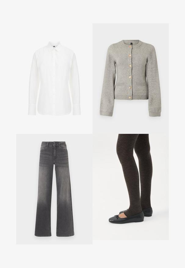 Lys grå strikket cardigan med rund halsudskæring, lange ærmer og guldfarvede knapper ned foran. Har to forlommer.; Hvid langærmet skjorte lavet af bomuld, med en klassisk krave, frontknapper og lige kant med let afrundede kanter.; Vidbenede jeans i grå denim med slidt finish, klassisk fem-lomme-design, knaplukning og kontrasterende syninger.; Ben iført mørke ribbede leggings kombineret med sorte balletsko med små sløjfedetaljer på hvid baggrund.