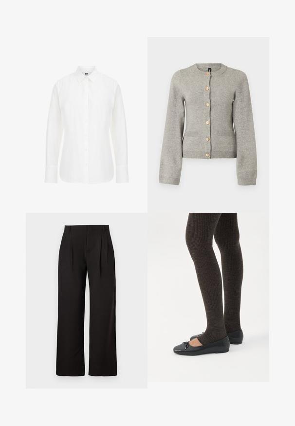 Lys grå strikket cardigan med rund halsudskæring, lange ærmer og guldfarvede knapper ned foran. Har to forlommer.; Hvid langærmet skjorte lavet af bomuld, med en klassisk krave, frontknapper og lige kant med let afrundede kanter.; Sorte højtaljede bukser med lige ben, forenden med presfolder og bæltestropper, vist mod en ensfarvet hvid baggrund.; Ben iført mørke ribbede leggings kombineret med sorte balletsko med små sløjfedetaljer på hvid baggrund.