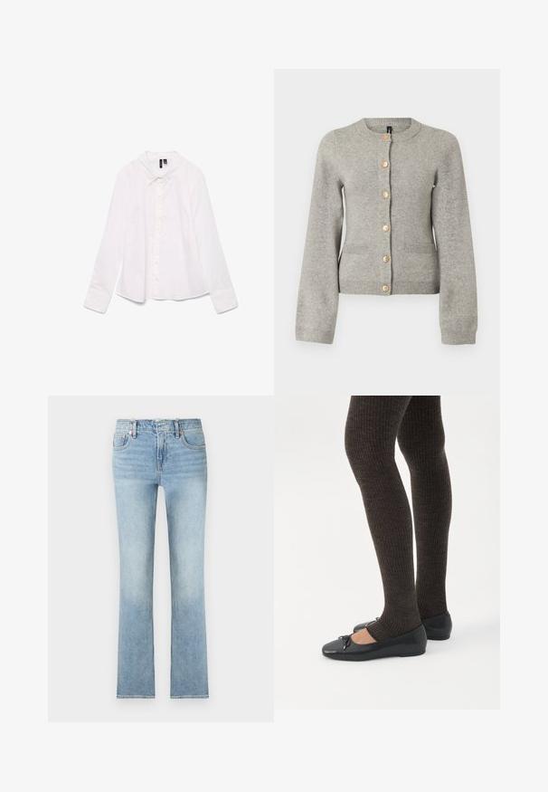 Cardigan en maille gris clair avec un col rond, des manches longues et des boutons dorés sur le devant. Il dispose de deux poches avant.; Chemise blanche à manches longues en coton, avec un col classique, une fermeture à boutons sur le devant et une coupe légèrement décontractée. Texture lisse sans motifs.; Jean bleu clair taille haute, coupe droite, poches avant, passants pour ceinture et détails en rivets cuivre.; Jambes portant des leggings côtelés foncés associés à des ballerines noires avec de petits détails en nœud sur fond blanc.