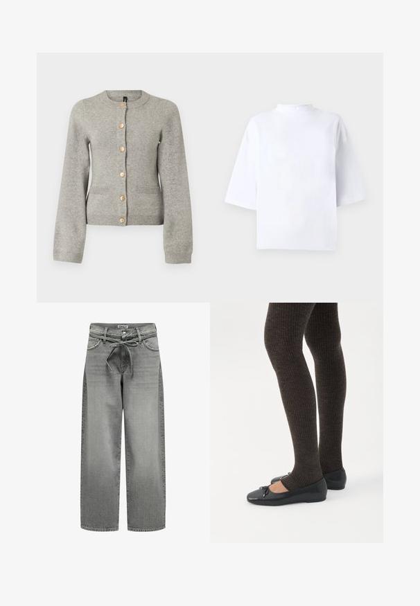 Cardigan en maille gris clair avec un col rond, des manches longues et des boutons dorés sur le devant. Il dispose de deux poches avant.; Haut blanc en coton à manches courtes avec un col montant et arrondi et une coupe ample. Texture lisse, sans motifs ni accents visibles.; Jeans en denim gris à jambes larges avec une taille à cordon de serrage et des poches avant. Le tissu présente une légère texture et une finition délavée.; Jambes portant des leggings côtelés foncés associés à des ballerines noires avec de petits détails en nœud sur fond blanc.