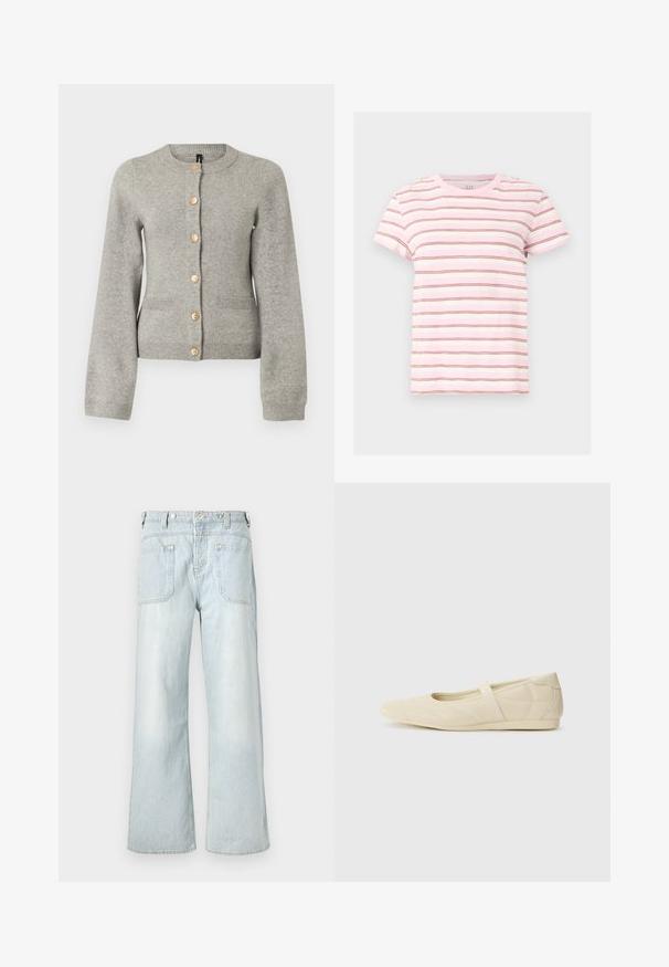 Hellgraue Strickjacke mit rundem Ausschnitt, langen Ärmeln und goldfarbenen Knöpfen auf der Vorderseite. Verfügt über zwei Taschen auf der Vorderseite.; Rosa-weißes T-Shirt mit kurzen Ärmeln, dünnen horizontalen braunen Streifen, Rundhalsausschnitt und lässiger Passform.; Hellblaue, weit geschnittene Jeans aus Denim mit hoher Taille, zwei Gesäßtaschen und subtilen Verfärbungen, verziert mit gelben Nähten.; Beige Ballerinas aus glattem Leder mit mandelförmiger Zehenpartie und elastischem Riemen über dem Fußrücken, ausgestattet mit dezenten Nähtelementen.