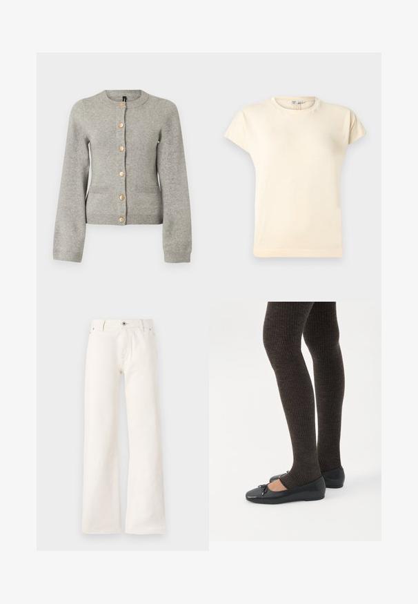 Cárdigan de punto gris claro con cuello redondo, mangas largas y botones dorados en la parte delantera. Presenta dos bolsillos frontales.; Camiseta de cuello redondo y mangas cortas de color crema, con un ajuste ligeramente holgado y detalles de costura mínimos.; Jeans blancos de pierna ancha fabricados en denim, con cierre frontal de botón, cinco bolsillos y una textura suave sin patrones visibles.; Piernas con leggings oscuros acanalados combinados con bailarinas negras que presentan pequeños detalles de lazo sobre un fondo blanco.