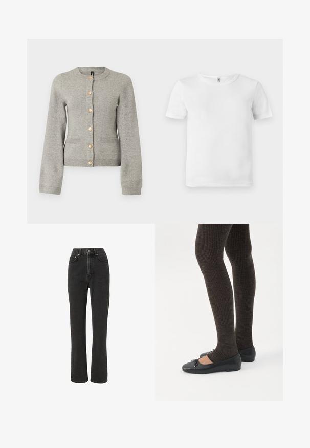 Hellgraue Strickjacke mit rundem Ausschnitt, langen Ärmeln und goldfarbenen Knöpfen auf der Vorderseite. Verfügt über zwei Taschen auf der Vorderseite.; Weißes T-Shirt mit kurzen Ärmeln und gerippter Textur. Klassischer Rundhalsausschnitt, keine sichtbaren Logos oder Muster und ein einfaches, schlichtes Design.; Hochgeschnittene schwarze Jeans aus Denim mit geradem Bein, fünf Taschen, Metallknopfverschluss und subtiler Verwaschung.; Beine in dunklen, gerippten Leggings kombiniert mit schwarzen Ballerinas mit kleinen Schleifendetails auf weißem Hintergrund.