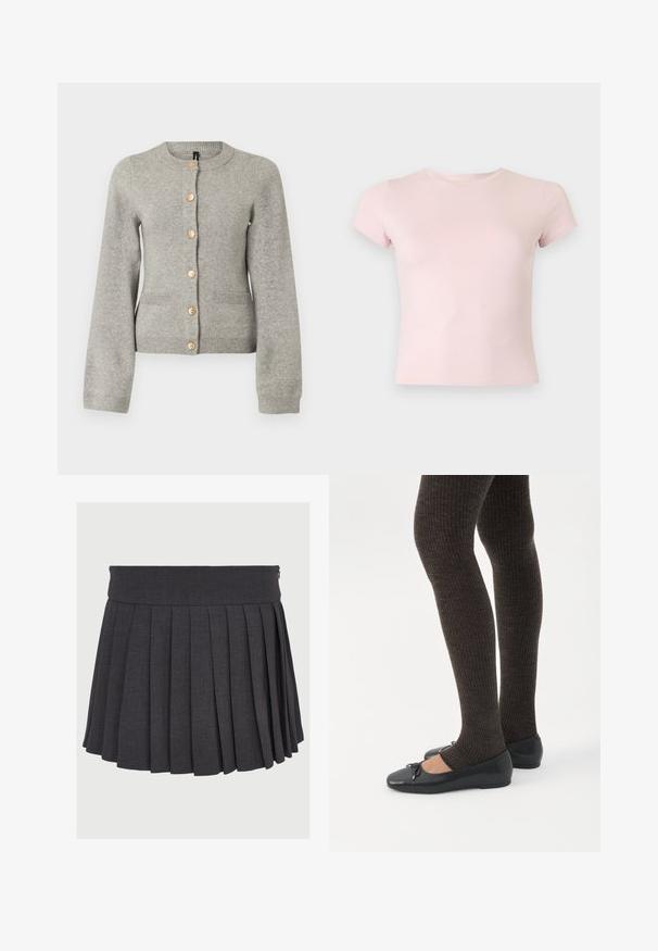 Lys grå strikket cardigan med rund halsudskæring, lange ærmer og guldfarvede knapper ned foran. Har to forlommer.; Lyserød tætsiddende T-shirt med korte ærmer og rund halsudskæring på en ensfarvet lys baggrund.; Grå plisseret nederdel med flad talje og lynlås, lavet af et struktureret stof med jævnt fordelte dybe plisseringer.; Ben iført mørke ribbede leggings kombineret med sorte balletsko med små sløjfedetaljer på hvid baggrund.