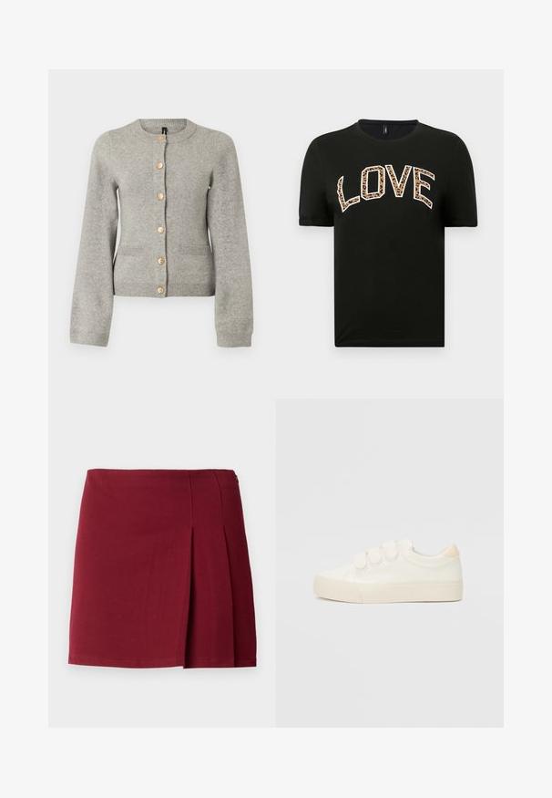 Lys grå strikket cardigan med rund halsudskæring, lange ærmer og guldfarvede knapper ned foran. Har to forlommer.; Sort kortærmet t-shirt med rund halsudskæring, der har ordet "LOVE" skrevet med hvide og leopardmønstrede bogstaver.; Bordeaux plisseret miniskørt med en glat overflade, tætsiddende talje og lynlås i siden. Simple, minimalistisk design uden mønstre.; Hvide sneakers med en glat læderlignende overdel, tre velcrostropper, rund tå og en tekstureret gummisål. Bagakcent i beige.