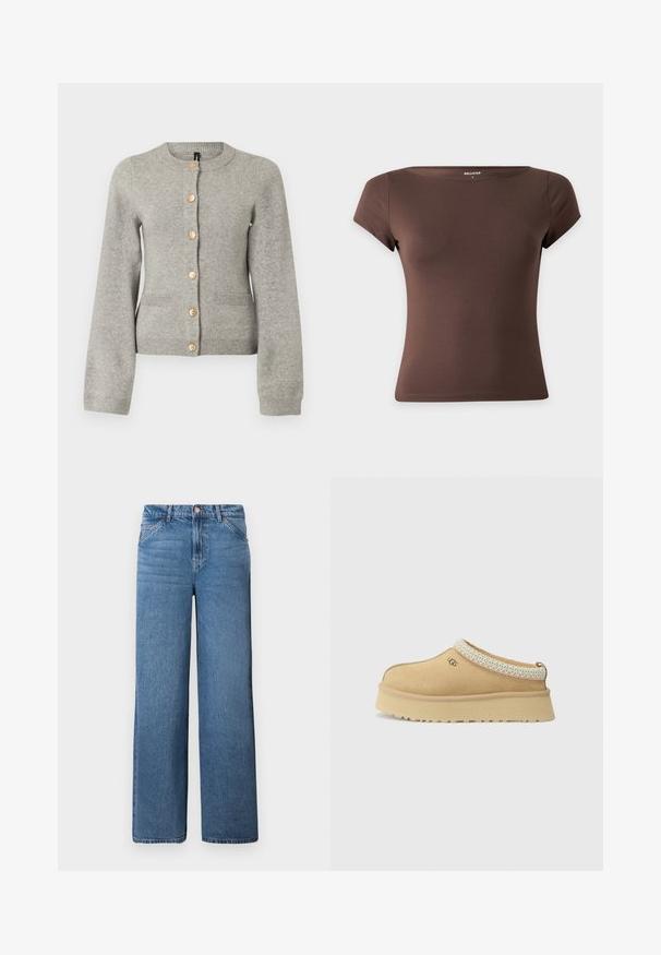 Cardigan en maille gris clair avec un col rond, des manches longues et des boutons dorés sur le devant. Il dispose de deux poches avant.; T-shirt marron uni ajusté à manches courtes avec un large col, étiquette Hollister taille small, sur fond blanc.; Jean large en denim bleu clair à taille haute, avec une fermeture éclair dissimulée et un bouton, et des coutures de poche avant distinctes.; Chaussure UGG slip-on beige avec semelle épaisse et bordure à motif autour de l’ouverture, vue de côté sur un fond uni.