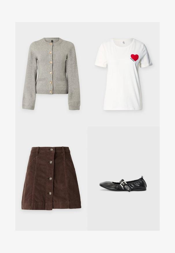 Lys grå strikket cardigan med rund halsudskæring, lange ærmer og guldfarvede knapper ned foran. Har to forlommer.; Hvid T-shirt med korte ærmer og rund hals, med et rødt hjerte og ordet "AMOUR" på venstre bryst.; Brun kordfløjl A-formet nederdel med frontknaplukning og sidelommer, der har bæltestropper og vertikale sømdetaljer.; Sorte læder flade sko med spids tå, samling detaljer omkring åbningen, og en sølv spænde accent på den justerbare rem.