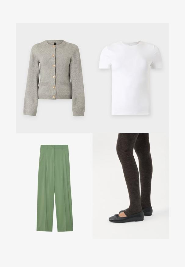 Lys grå strikket cardigan med rund halsudskæring, lange ærmer og guldfarvede knapper ned foran. Har to forlommer.; Hvid kortærmet T-shirt med rund hals vist mod en lysegrå baggrund.; Grønne brede bukser lavet af glat stof. Har folder foran, en enkelt knaplukning og bæltestropper.; Ben iført mørke ribbede leggings kombineret med sorte balletsko med små sløjfedetaljer på hvid baggrund.