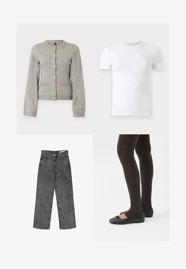 Lys grå strikket cardigan med rund halsudskæring, lange ærmer og guldfarvede knapper ned foran. Har to forlommer.; Hvid kortærmet T-shirt med rund hals vist mod en lysegrå baggrund.; Højtaljede sorte vasket lige ben jeans med forlommer, bæltestropper, knaplukning og et mærkets indre taljeband.; Ben iført mørke ribbede leggings kombineret med sorte balletsko med små sløjfedetaljer på hvid baggrund.