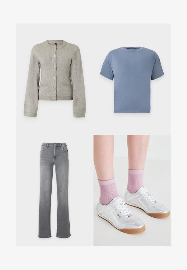 Cardigan en maille gris clair avec un col rond, des manches longues et des boutons dorés sur le devant. Il dispose de deux poches avant.; T-shirt à manches courtes et col rond en bleu uni atténué, présenté à plat sur fond blanc.; Jean gris en denim à coupe droite, avec poches avant, passants de ceinture et fermeture à bouton.; Baskets sportives argentées avec des accents blancs et des semelles en caoutchouc caramel, associées à des chaussettes roses côtelées, mettant en avant un design basse.