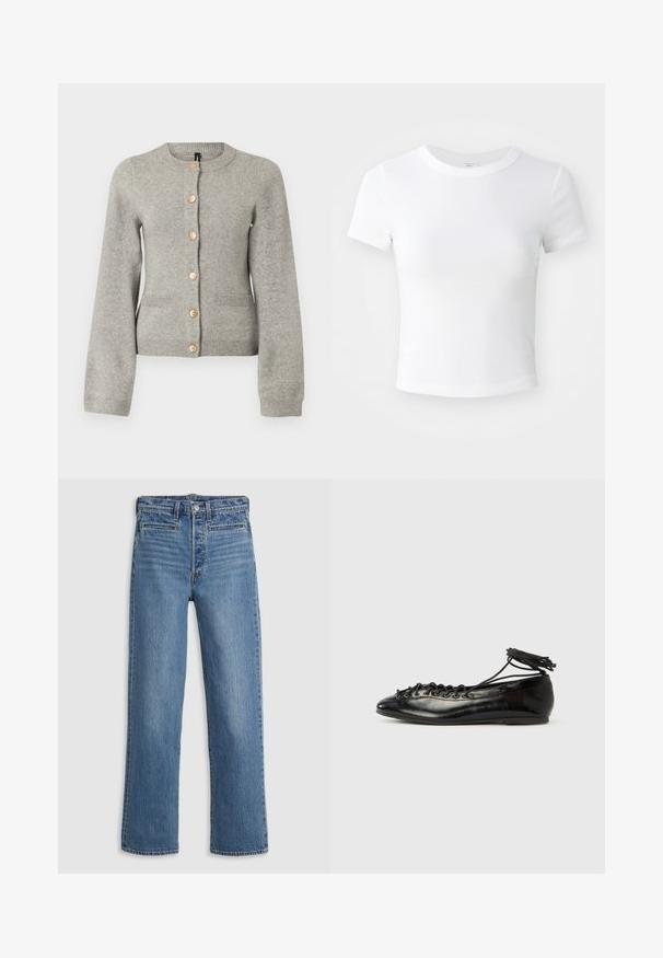 Lys grå strikket cardigan med rund halsudskæring, lange ærmer og guldfarvede knapper ned foran. Har to forlommer.; Simpel hvid kortærmet cropped t-shirt med rund halsudskæring, præsenteret på en neutral lys baggrund.; Lys blå, lige ben jeans lavet af denim. Funktioner inkluderer en knaplukning, fem lommer og diskret slid. Ingen udsmykninger eller mønstre.; Sorte balletflade sko i laklæder med rundet tå, snørelukning og flad sål. Glat tekstur med få detaljer.