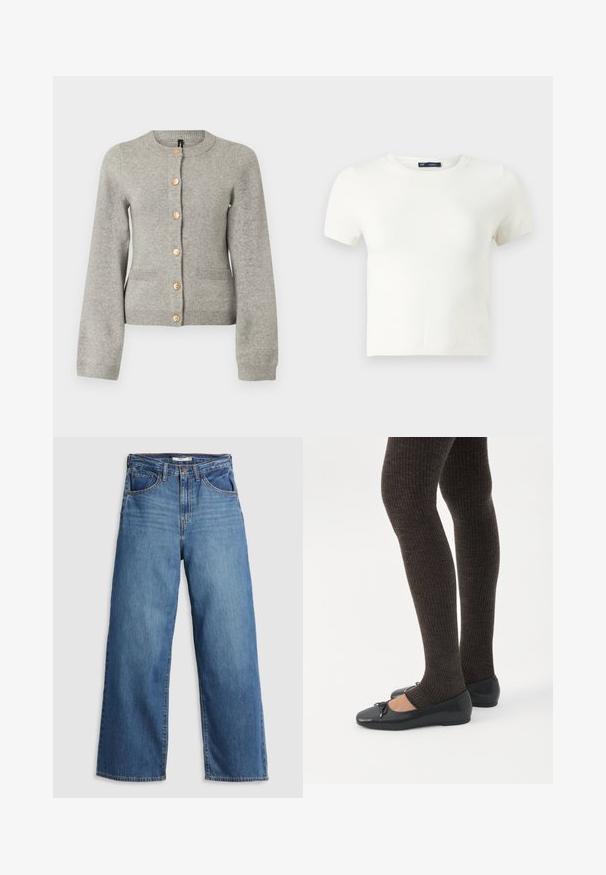 Cardigan en maille gris clair avec un col rond, des manches longues et des boutons dorés sur le devant. Il dispose de deux poches avant.; T-shirt blanc à manches courtes fabriqué à partir d'un matériau doux. Présente un design classique à col rond et une coupe ajustée sans motifs ni accents visibles.; Jean large en denim bleu à taille haute, doté de cinq poches, de coutures contrastantes et d'une fermeture éclair.; Jambes portant des leggings côtelés foncés associés à des ballerines noires avec de petits détails en nœud sur fond blanc.
