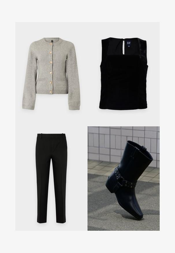Cardigan en maille gris clair avec un col rond, des manches longues et des boutons dorés sur le devant. Il dispose de deux poches avant.; Top sans manches en velours noir avec un décolleté carré et une fermeture à boutons dans le dos. Texture lisse sans motifs ni accents visibles.; Pantalons noirs à coupe slim, avec un devant plat, des poches latérales et une texture lisse. Conçus avec une taille mi-haute et des jambes fuselées.; Bottine en cuir noir avec bout pointu, bride à boucle ornée de clous argentés, et talon épais. Texture lisse avec un design minimaliste.