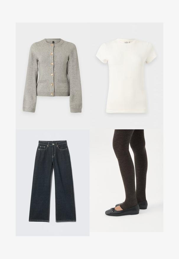 Lys grå strikket cardigan med rund halsudskæring, lange ærmer og guldfarvede knapper ned foran. Har to forlommer.; Almindelig hvid kortærmet rundhalset bomulds-T-shirt vist på en lysegrå baggrund.; Mørkeblå jeans med vide ben, foran med knapper, lynlås, bæltestropper og fem-lomme detalje på en ensfarvet lys baggrund.; Ben iført mørke ribbede leggings kombineret med sorte balletsko med små sløjfedetaljer på hvid baggrund.